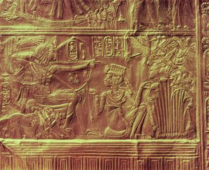 Detalje fra den gyldne helligdom, Tutankhamuns Treasure (træ overtrukket med et lag gesso og dækket med guldplade)